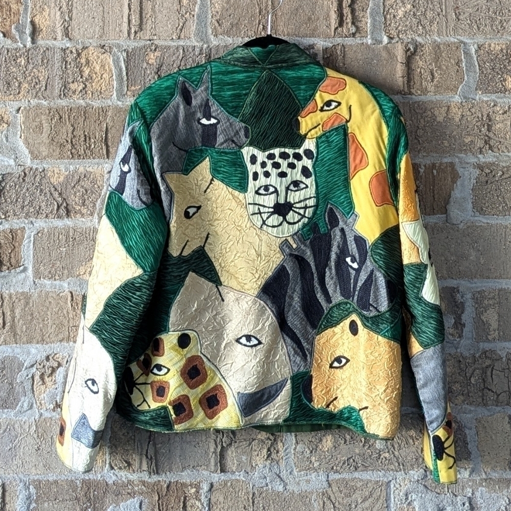 Vintage 90s Anage Jungle Cats Giraffe Zebra Patchwork Blazer Size Small - Picture 9 of 13